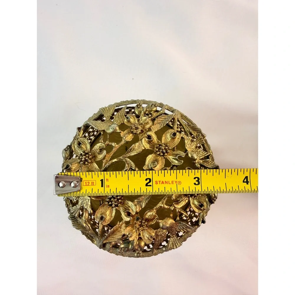 Vintage Hollywood Regency Gold Filigree Bird Flower Tissue Box & Trinket Jar Set